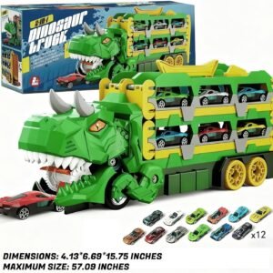 3-in-1 Green Dinosaur Toy Foldable Race Track Carrier with 12 Mini Cars For Kids