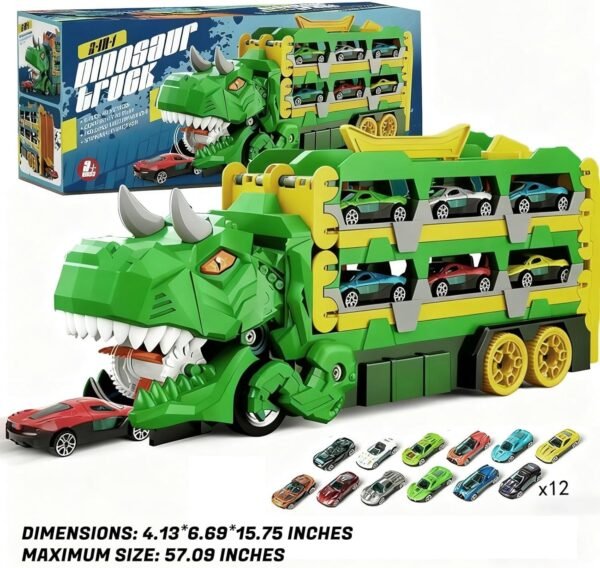 3-in-1 Green Dinosaur Toy Foldable Race Track Carrier with 12 Mini Cars For Kids