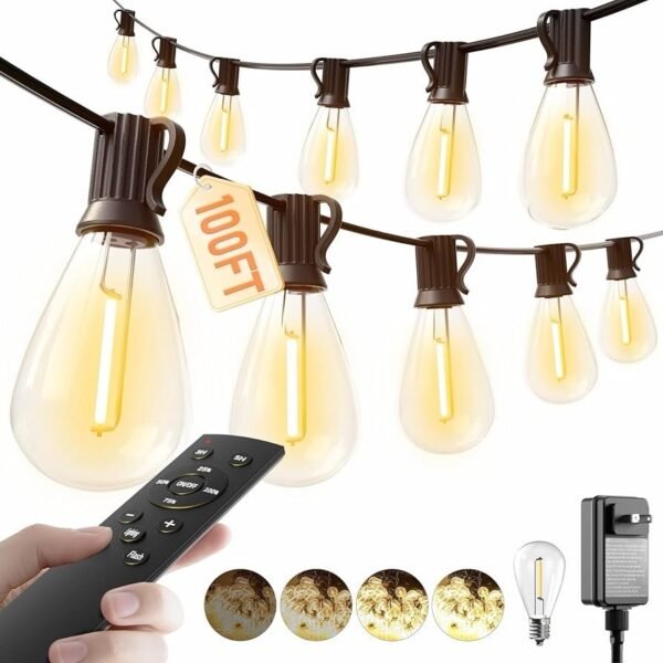 100FT LED Outdoor String Lights with Remote 35+ 1 Shatterproof Bulbs Waterproof
