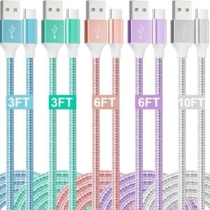 5 Pack(3/3/6/6/10FT) 3.1A Colored Nylon Braided Type c Charger Fast Charging